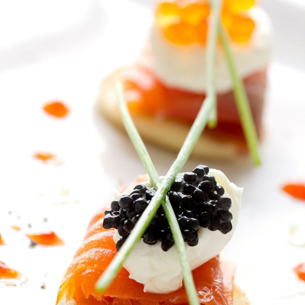 Caviar and smoked salmon canape chequerboard