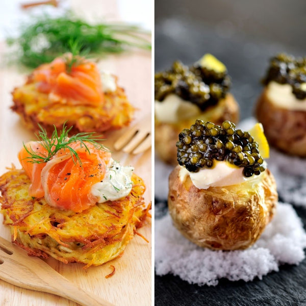 Crispy potato rosti with smoked salmon, quail eggs, and caviar