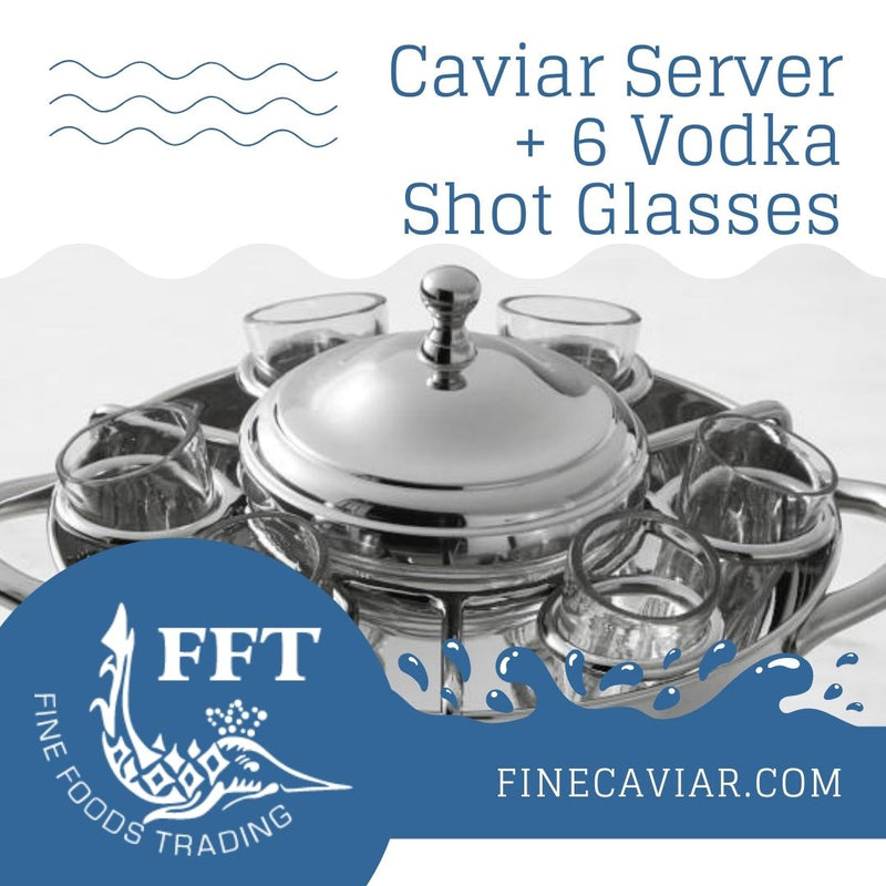 CAVIAR SERVER WITH 6 VODKA SHOT GLASSES WITH LID